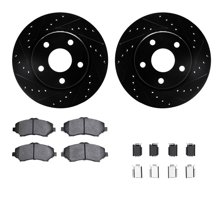 8612-42013 Drilled/Slotted Brake Rotors w/5000 Euro Ceramic Brake Pads Kit & Hardware [Black], 2007-2018 Mopar, Position: Front