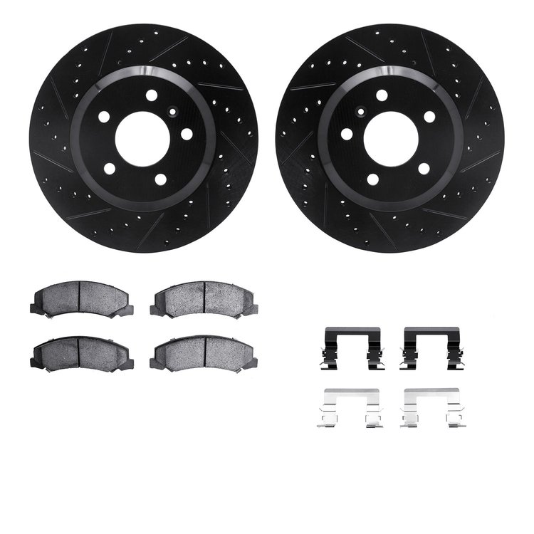 8612-45001 Drilled/Slotted Brake Rotors w/5000 Euro Ceramic Brake Pads Kit & Hardware [Black], 2006-2016 GM, Position: Front