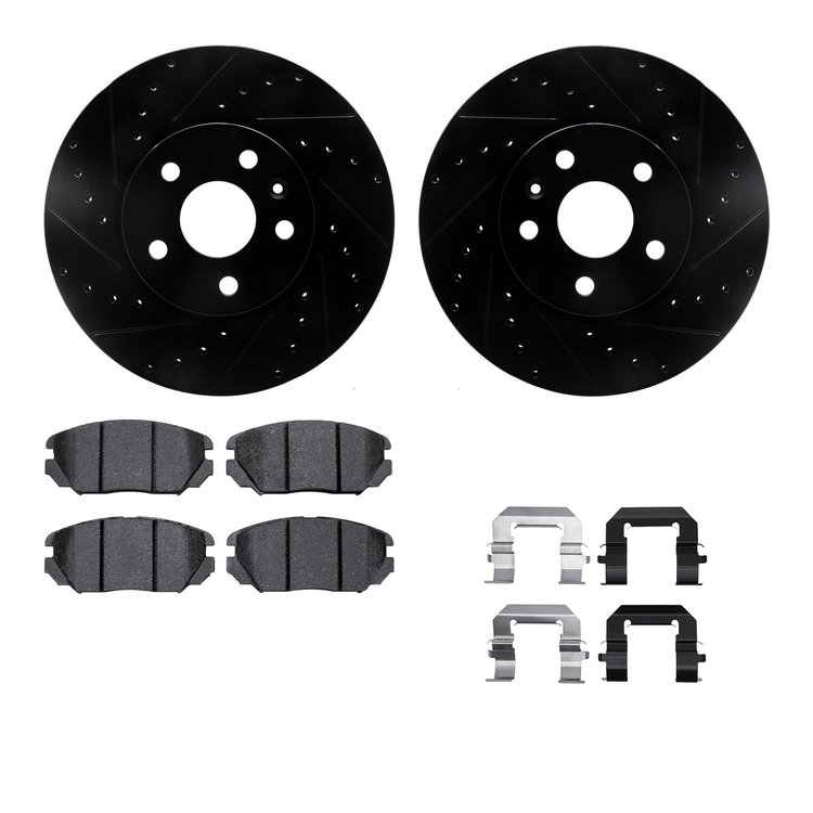 8612-45004 Drilled/Slotted Brake Rotors w/5000 Euro Ceramic Brake Pads Kit & Hardware [Black], 2010-2020 GM, Position: Front