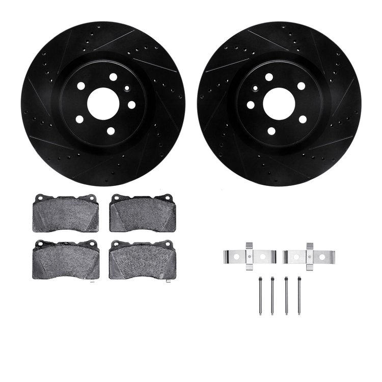 8612-45006 Drilled/Slotted Brake Rotors w/5000 Euro Ceramic Brake Pads Kit & Hardware [Black], 2009-2013 GM, Position: Front