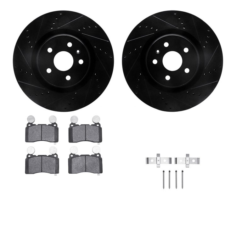 8612-45007 Drilled/Slotted Brake Rotors w/5000 Euro Ceramic Brake Pads Kit & Hardware [Black], 2010-2015 GM, Position: Front