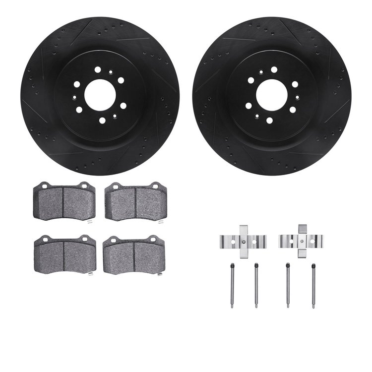 8612-46005 Drilled/Slotted Brake Rotors w/5000 Euro Ceramic Brake Pads Kit & Hardware [Black], 2004-2011 GM, Position: Rear