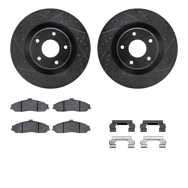 8612-46008 Drilled/Slotted Brake Rotors w/5000 Euro Ceramic Brake Pads Kit & Hardware [Black], 2005-2009 GM, Position: Front
