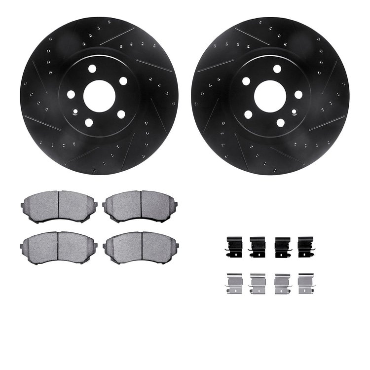 8612-46012 Drilled/Slotted Brake Rotors w/5000 Euro Ceramic Brake Pads Kit & Hardware [Black], 2008-2014 GM, Position: Front