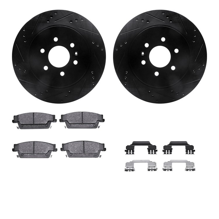 8612-46030 Drilled/Slotted Brake Rotors w/5000 Euro Ceramic Brake Pads Kit & Hardware [Black], 2004-2009 GM, Position: Rear