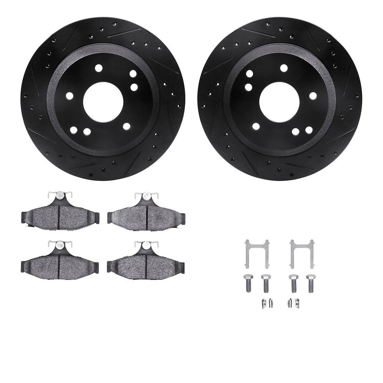 8612-47000 Drilled/Slotted Brake Rotors w/5000 Euro Ceramic Brake Pads Kit & Hardware [Black], 1988-1996 GM, Position: Rear