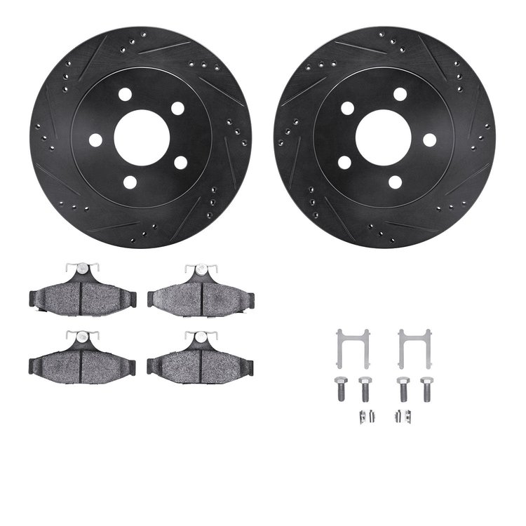 8612-47001 Drilled/Slotted Brake Rotors w/5000 Euro Ceramic Brake Pads Kit & Hardware [Black], 1993-1997 GM, Position: Rear