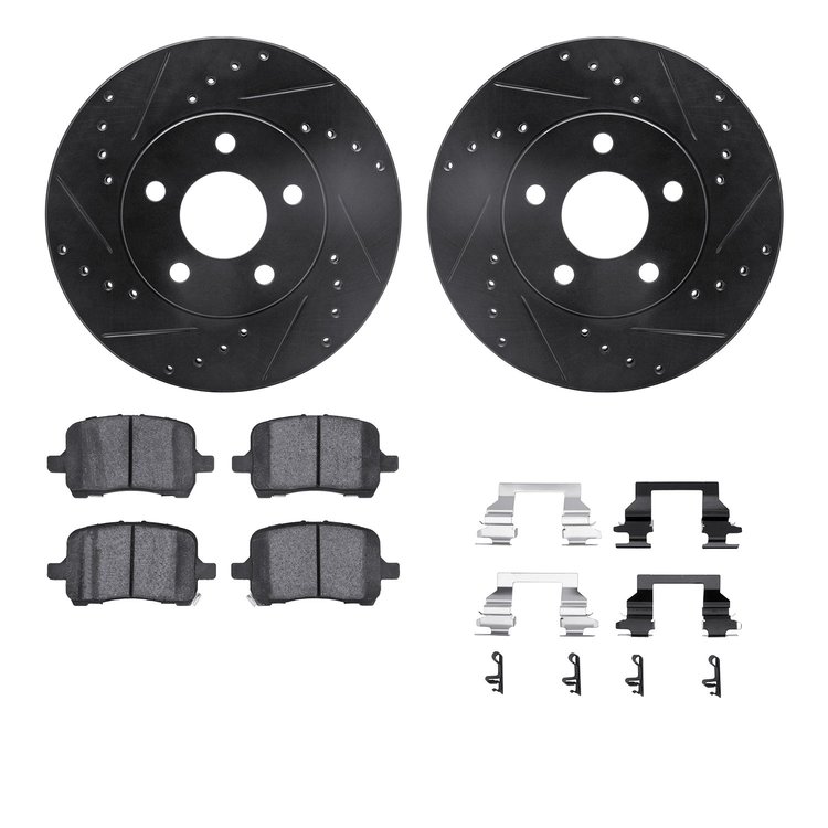 8612-47002 Drilled/Slotted Brake Rotors w/5000 Euro Ceramic Brake Pads Kit & Hardware [Black], 2004-2008 GM, Position: Front
