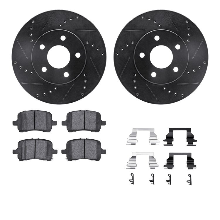 8612-47003 Drilled/Slotted Brake Rotors w/5000 Euro Ceramic Brake Pads Kit & Hardware [Black], 2006-2011 GM, Position: Front