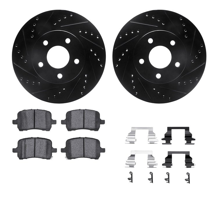 8612-47004 Drilled/Slotted Brake Rotors w/5000 Euro Ceramic Brake Pads Kit & Hardware [Black], 2008-2008 GM, Position: Front