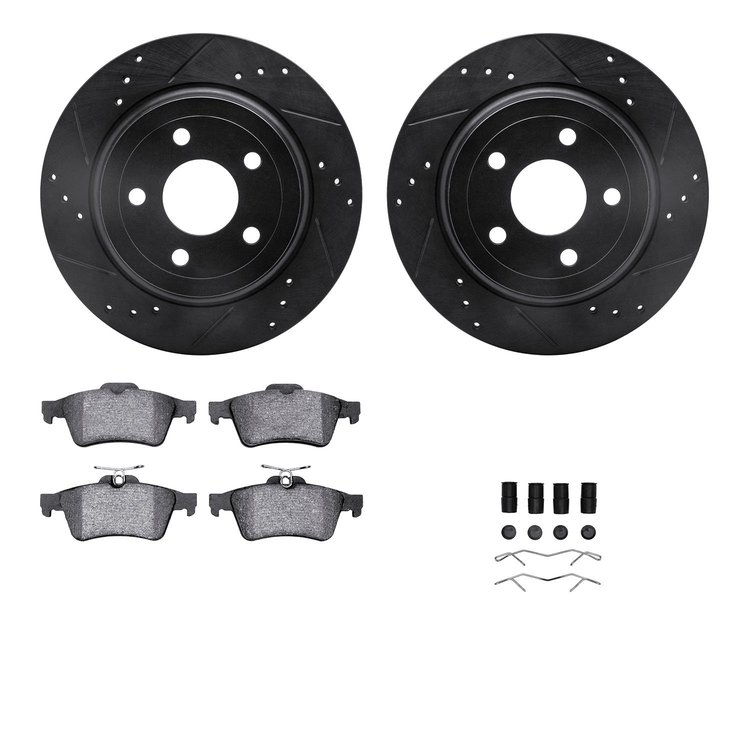 8612-47006 Drilled/Slotted Brake Rotors w/5000 Euro Ceramic Brake Pads Kit & Hardware [Black], 2008-2010 GM, Position: Rear
