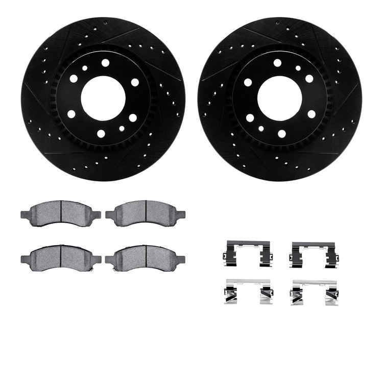 8612-48005 Drilled/Slotted Brake Rotors w/5000 Euro Ceramic Brake Pads Kit & Hardware [Black], 2006-2009 GM, Position: Front