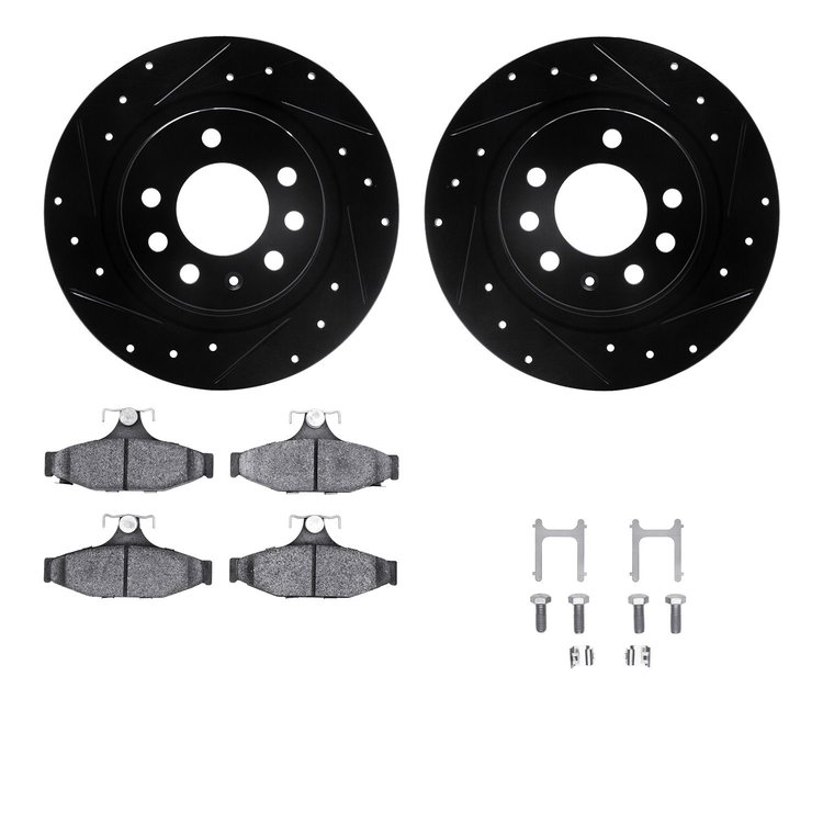 8612-52000 Drilled/Slotted Brake Rotors w/5000 Euro Ceramic Brake Pads Kit & Hardware [Black], 1985-1992 GM, Position: Rear