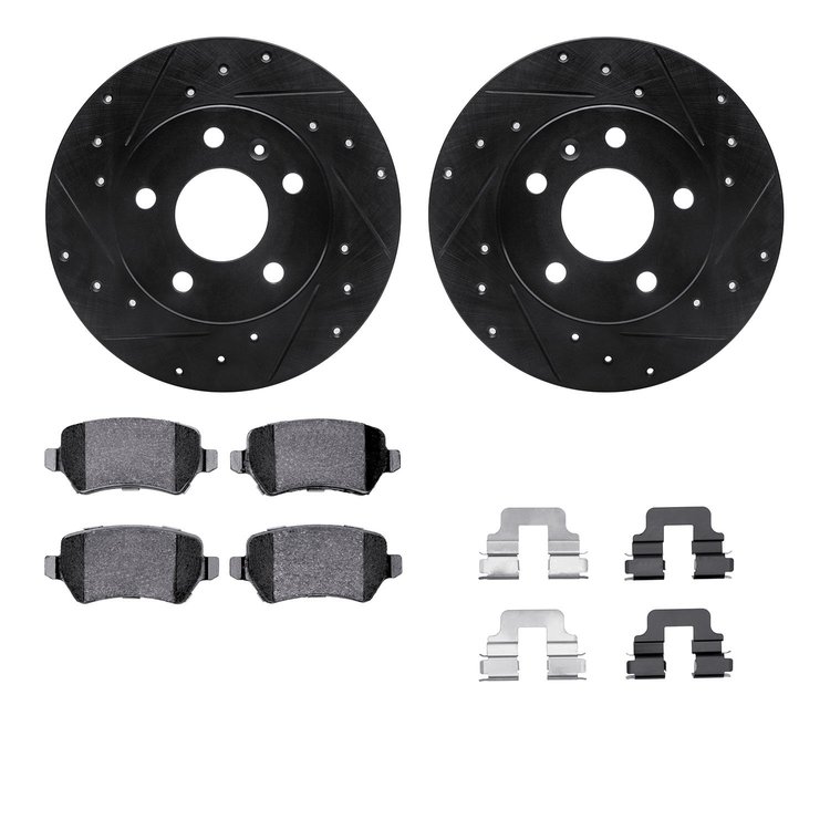 8612-53003 Drilled/Slotted Brake Rotors w/5000 Euro Ceramic Brake Pads Kit & Hardware [Black], 2002-2008 GM, Position: Rear