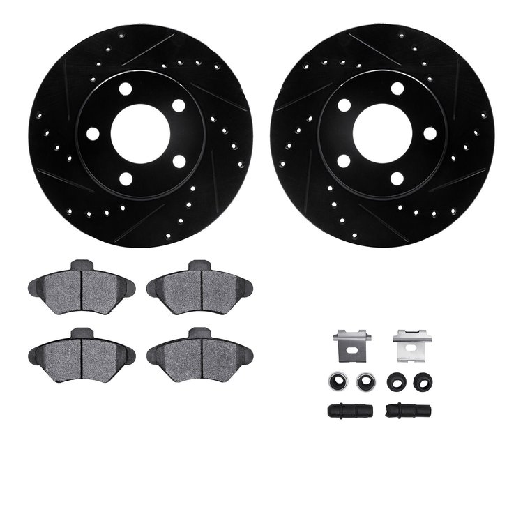 8612-54000 Drilled/Slotted Brake Rotors w/5000 Euro Ceramic Brake Pads Kit & Hardware [Black], 1994-1998 Ford/Lincoln/Mercury/Ma