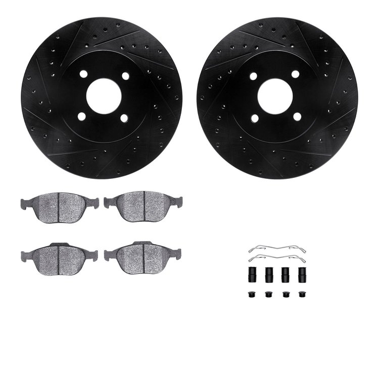 8612-54006 Drilled/Slotted Brake Rotors w/5000 Euro Ceramic Brake Pads Kit & Hardware [Black], 2002-2004 Ford/Lincoln/Mercury/Ma