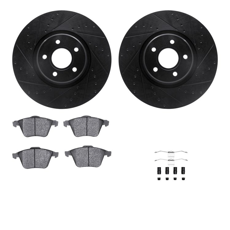 8612-54019 Drilled/Slotted Brake Rotors w/5000 Euro Ceramic Brake Pads Kit & Hardware [Black], 2004-2013 Volvo, Position: Front