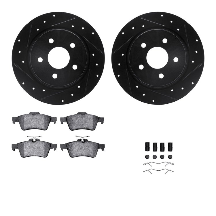 8612-54022 Drilled/Slotted Brake Rotors w/5000 Euro Ceramic Brake Pads Kit & Hardware [Black], 2013-2018 Ford/Lincoln/Mercury/Ma
