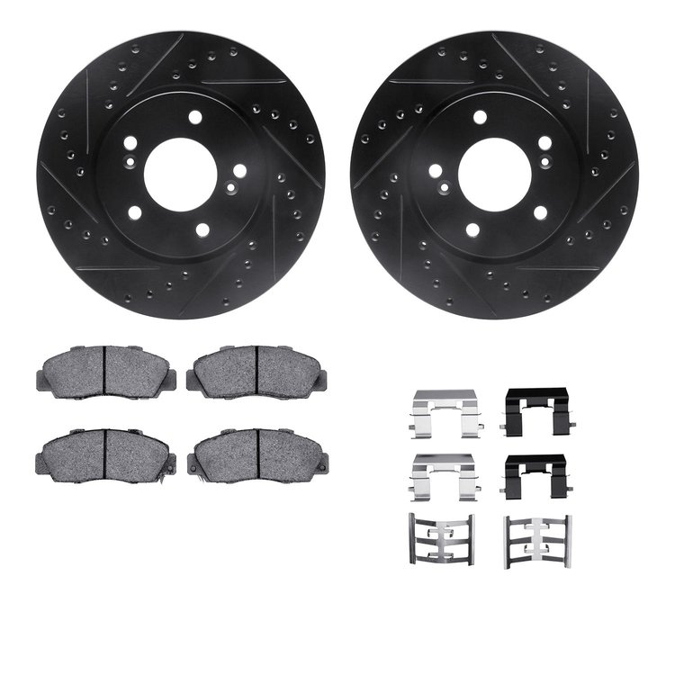 8612-58000 Drilled/Slotted Brake Rotors w/5000 Euro Ceramic Brake Pads Kit & Hardware [Black], 1991-1996 Acura/Honda, Position: 