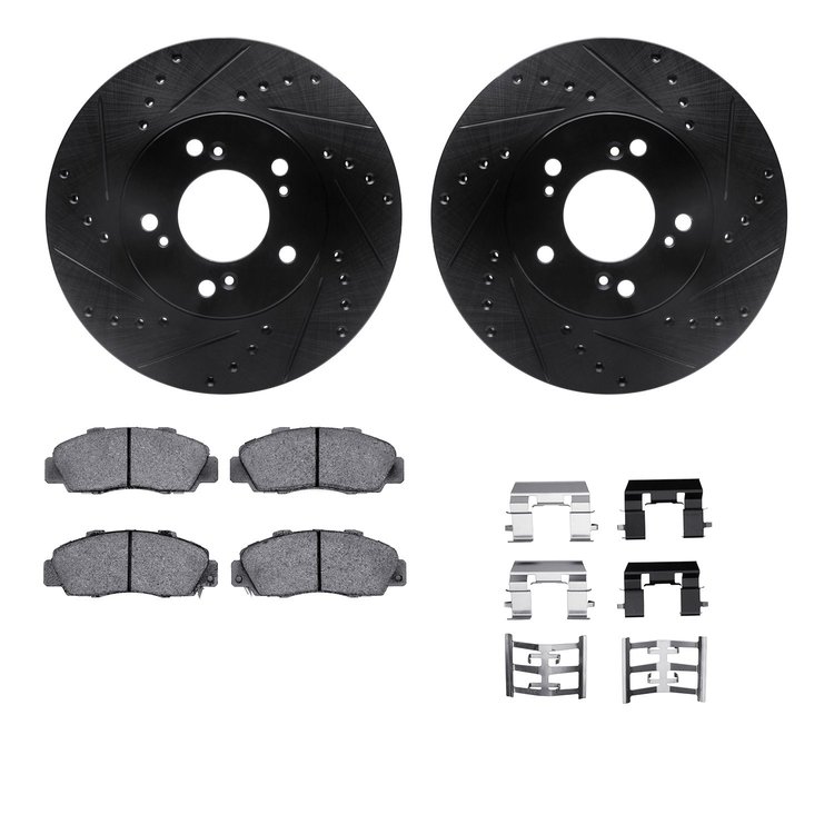 8612-58002 Drilled/Slotted Brake Rotors w/5000 Euro Ceramic Brake Pads Kit & Hardware [Black], 1993-1995 Acura/Honda, Position: 