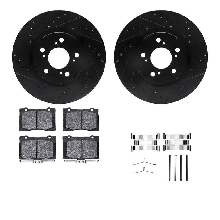 8612-58006 Drilled/Slotted Brake Rotors w/5000 Euro Ceramic Brake Pads Kit & Hardware [Black], 2005-2012 Acura/Honda, Position: 