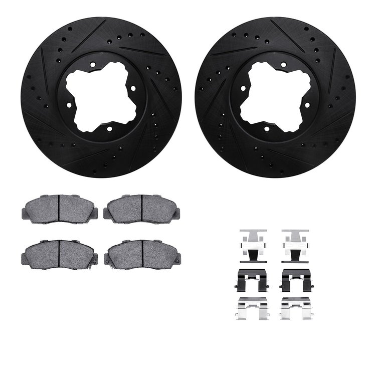 8612-59000 Drilled/Slotted Brake Rotors w/5000 Euro Ceramic Brake Pads Kit & Hardware [Black], 1991-1997 Acura/Honda, Position: 