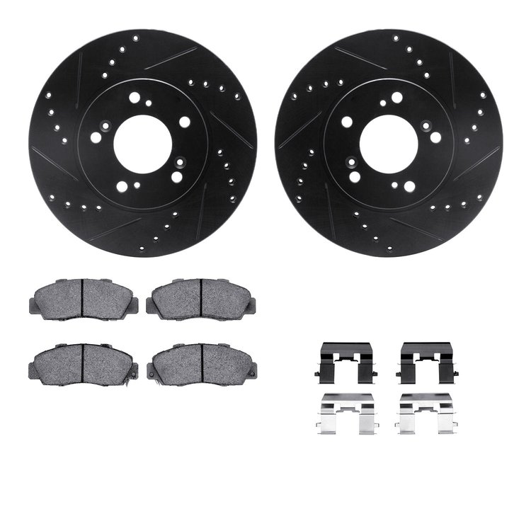 8612-59003 Drilled/Slotted Brake Rotors w/5000 Euro Ceramic Brake Pads Kit & Hardware [Black], 1991-2001 Multiple Makes/Models, 