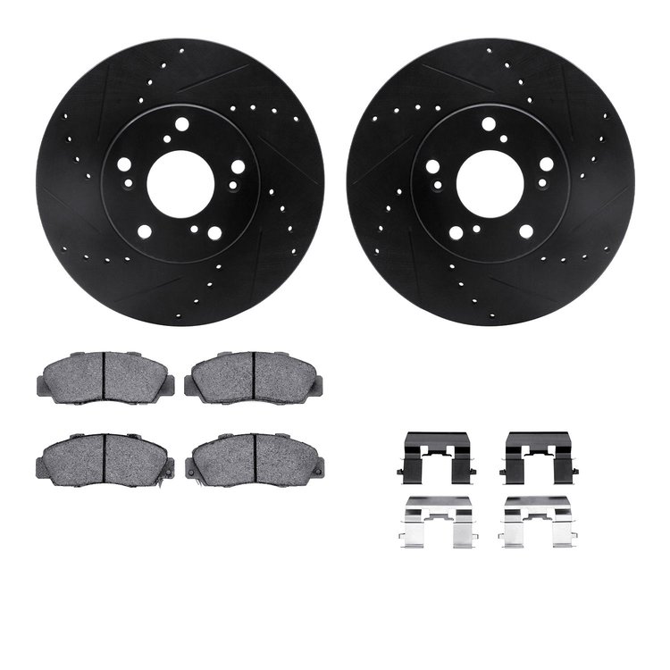 8612-59004 Drilled/Slotted Brake Rotors w/5000 Euro Ceramic Brake Pads Kit & Hardware [Black], 1998-2002 Acura/Honda, Position: 
