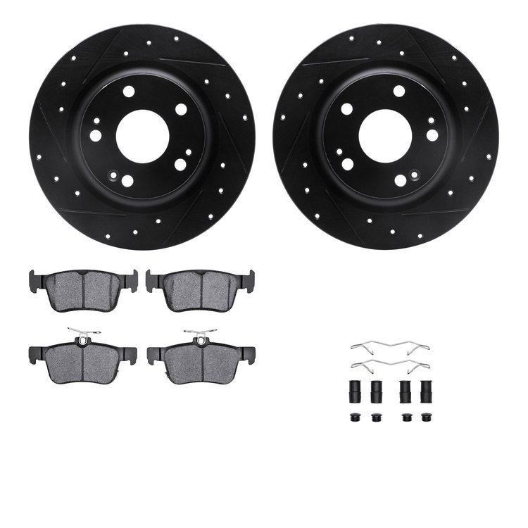 8612-59009 Drilled/Slotted Brake Rotors w/5000 Euro Ceramic Brake Pads Kit & Hardware [Black], 2017-2020 Acura/Honda, Position: 