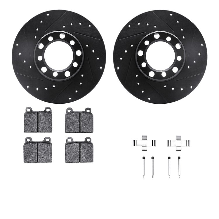 8612-63012 Drilled/Slotted Brake Rotors w/5000 Euro Ceramic Brake Pads Kit & Hardware [Black], 1968-1976 Mercedes-Benz, Position