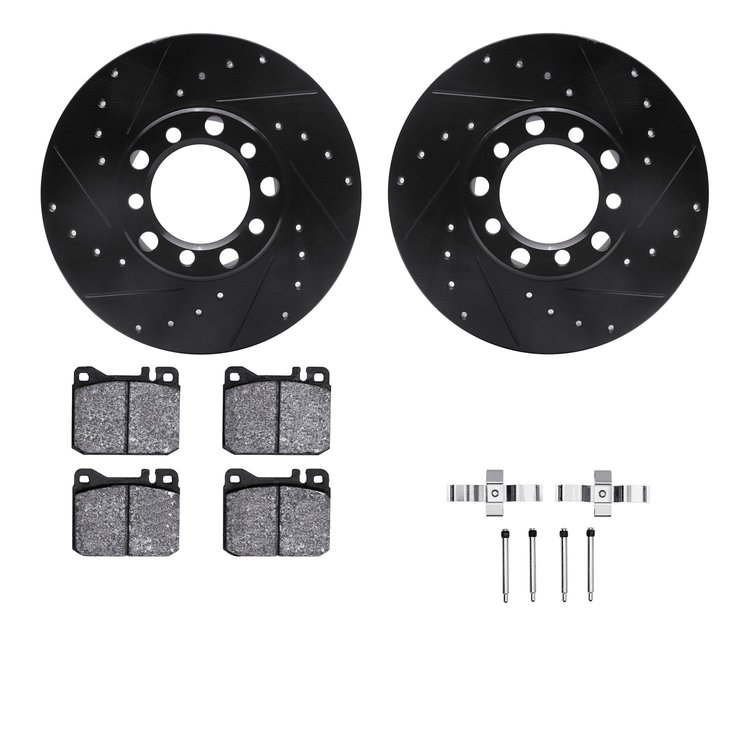 8612-63014 Drilled/Slotted Brake Rotors w/5000 Euro Ceramic Brake Pads Kit & Hardware [Black], 1973-1979 Mercedes-Benz, Position