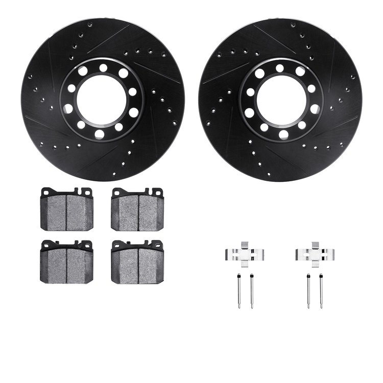 8612-63019 Drilled/Slotted Brake Rotors w/5000 Euro Ceramic Brake Pads Kit & Hardware [Black], 1979-1985 Mercedes-Benz, Position