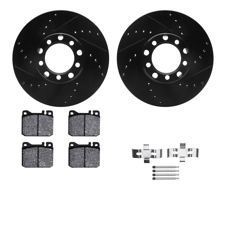 8612-63021 Drilled/Slotted Brake Rotors w/5000 Euro Ceramic Brake Pads Kit & Hardware [Black], 1972-1979 Mercedes-Benz, Position