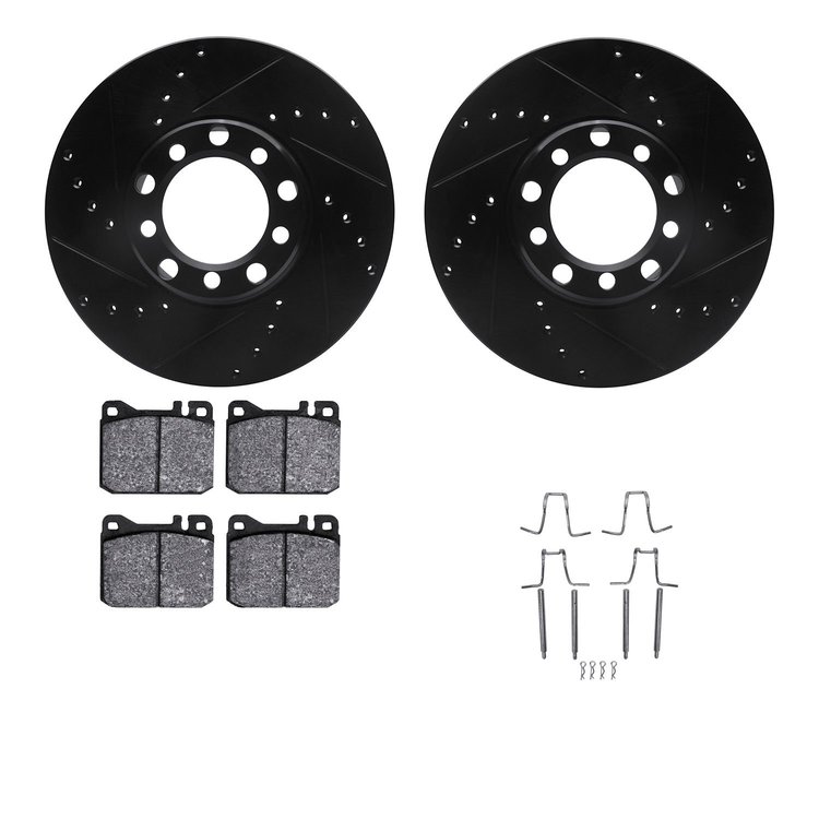 8612-63023 Drilled/Slotted Brake Rotors w/5000 Euro Ceramic Brake Pads Kit & Hardware [Black], 1973-1979 Mercedes-Benz, Position