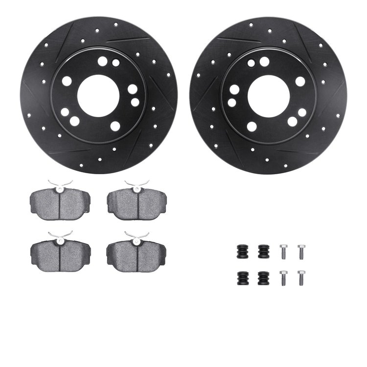 8612-63026 Drilled/Slotted Brake Rotors w/5000 Euro Ceramic Brake Pads Kit & Hardware [Black], 1984-1989 Mercedes-Benz, Position