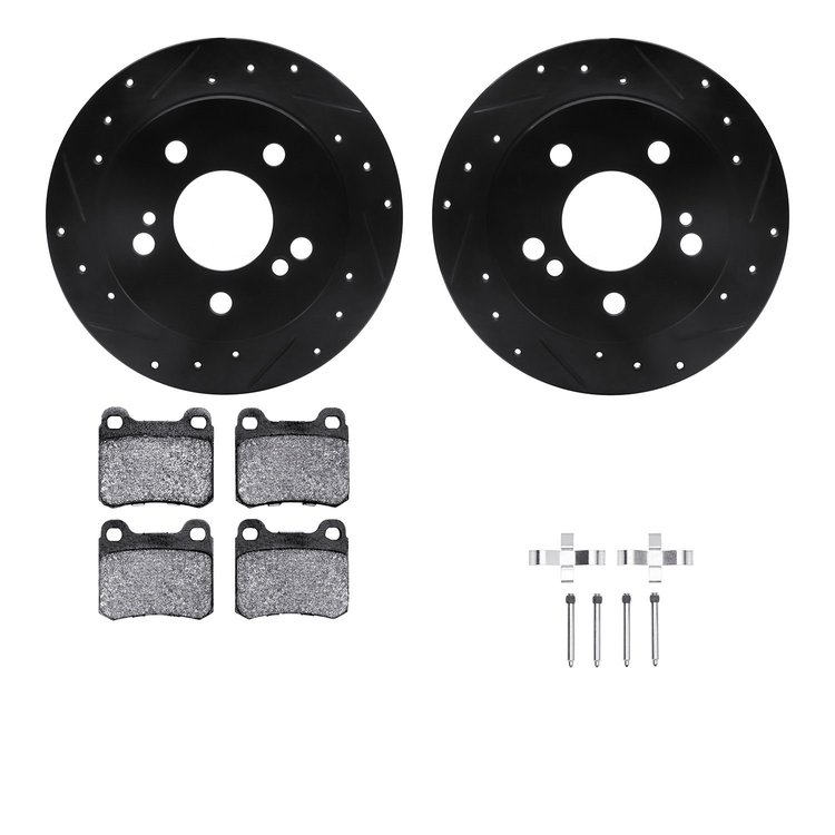 8612-63031 Drilled/Slotted Brake Rotors w/5000 Euro Ceramic Brake Pads Kit & Hardware [Black], 1984-1995 Mercedes-Benz, Position