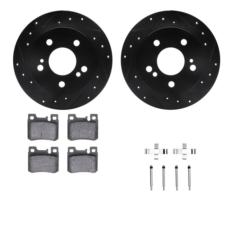 8612-63033 Drilled/Slotted Brake Rotors w/5000 Euro Ceramic Brake Pads Kit & Hardware [Black], 1986-1993 Mercedes-Benz, Position