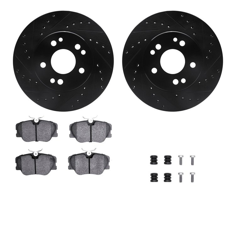 8612-63034 Drilled/Slotted Brake Rotors w/5000 Euro Ceramic Brake Pads Kit & Hardware [Black], 1984-1995 Mercedes-Benz, Position