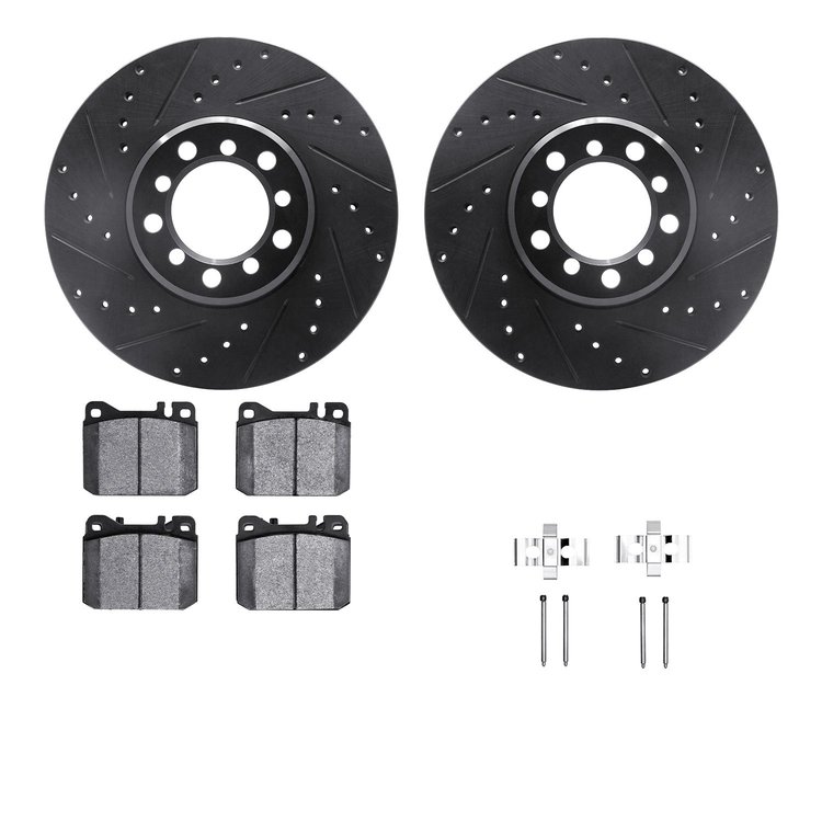 8612-63036 Drilled/Slotted Brake Rotors w/5000 Euro Ceramic Brake Pads Kit & Hardware [Black], 1985-1991 Mercedes-Benz, Position