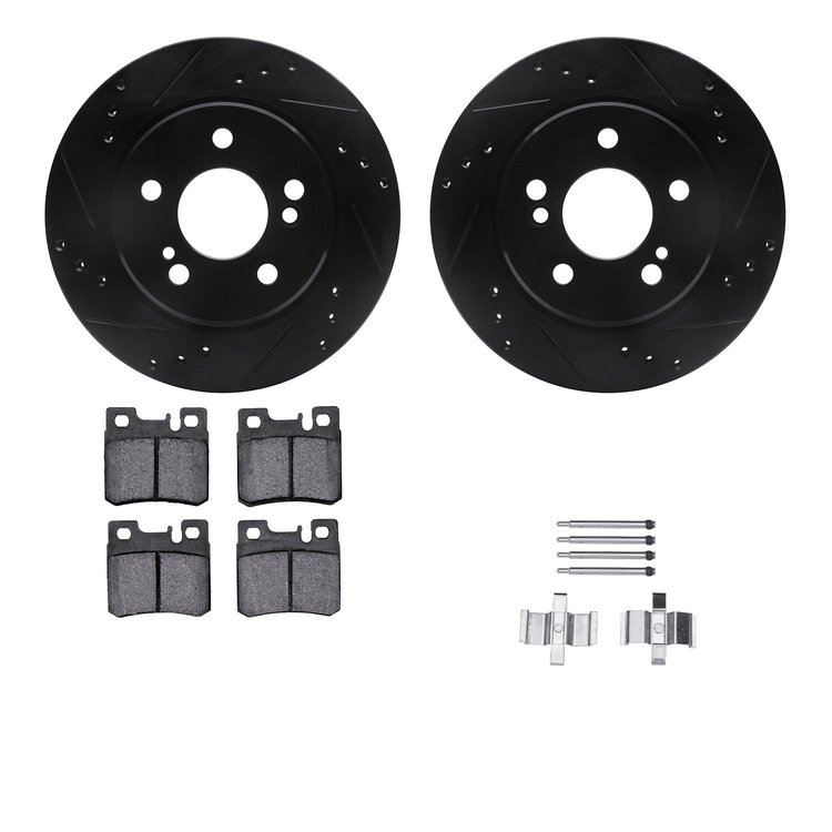 8612-63042 Drilled/Slotted Brake Rotors w/5000 Euro Ceramic Brake Pads Kit & Hardware [Black], 1992-1994 Mercedes-Benz, Position