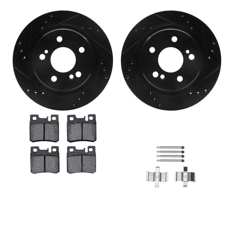 8612-63043 Drilled/Slotted Brake Rotors w/5000 Euro Ceramic Brake Pads Kit & Hardware [Black], 1992-1995 Mercedes-Benz, Position