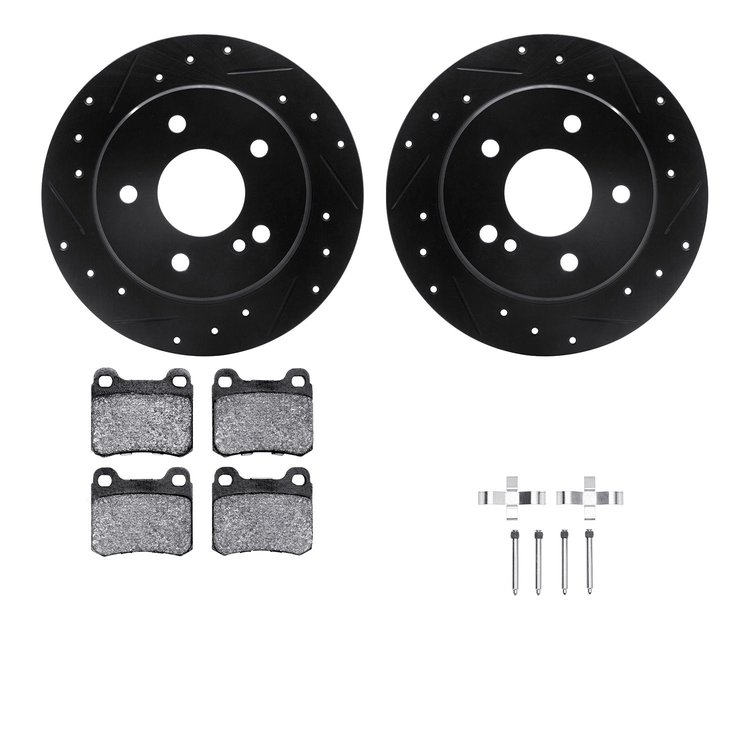 8612-63044 Drilled/Slotted Brake Rotors w/5000 Euro Ceramic Brake Pads Kit & Hardware [Black], 1994-1995 Mercedes-Benz, Position