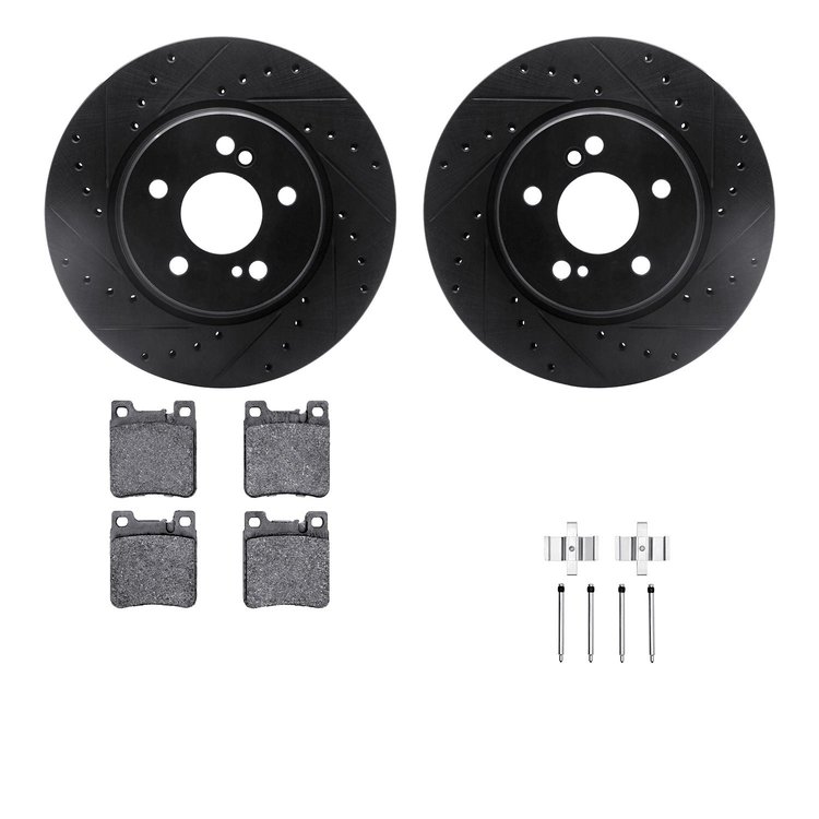 8612-63048 Drilled/Slotted Brake Rotors w/5000 Euro Ceramic Brake Pads Kit & Hardware [Black], 1993-2002 Mercedes-Benz, Position