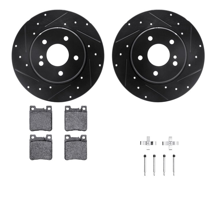 8612-63050 Drilled/Slotted Brake Rotors w/5000 Euro Ceramic Brake Pads Kit & Hardware [Black], 1994-2000 Mercedes-Benz, Position