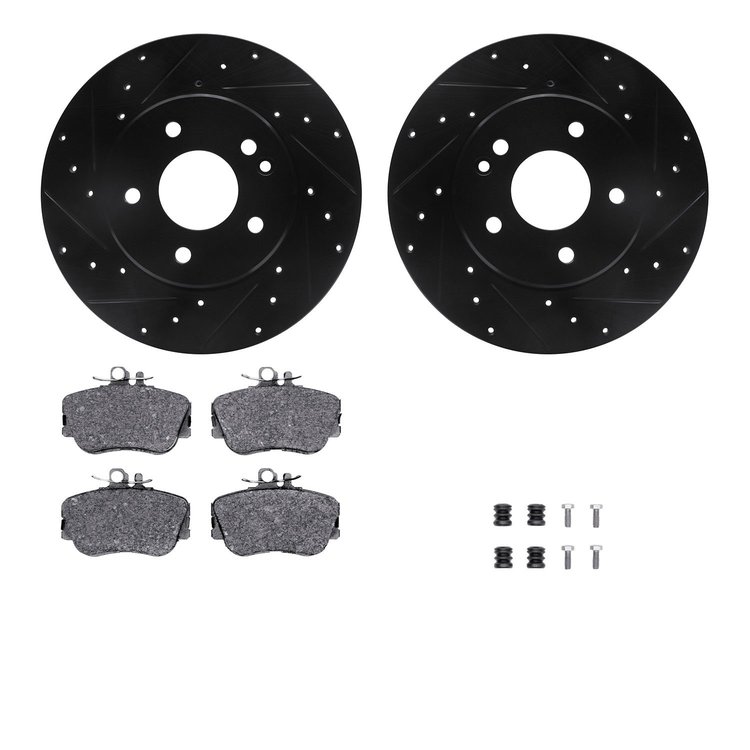 8612-63053 Drilled/Slotted Brake Rotors w/5000 Euro Ceramic Brake Pads Kit & Hardware [Black], 1997-1998 Mercedes-Benz, Position