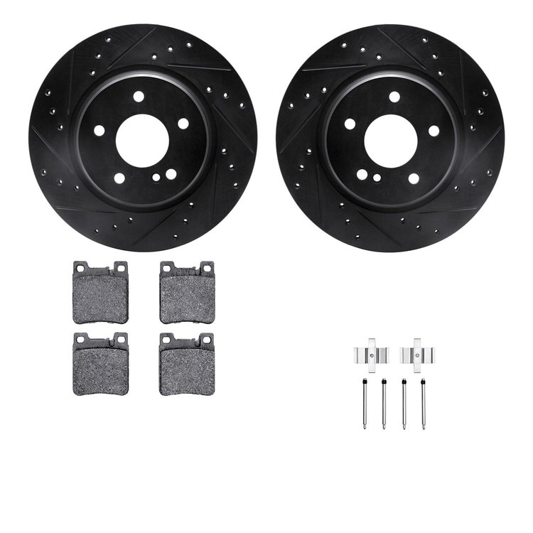 8612-63056 Drilled/Slotted Brake Rotors w/5000 Euro Ceramic Brake Pads Kit & Hardware [Black], 1998-2009 Multiple Makes/Models, 