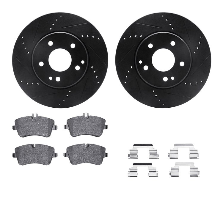 8612-63059 Drilled/Slotted Brake Rotors w/5000 Euro Ceramic Brake Pads Kit & Hardware [Black], 2001-2005 Mercedes-Benz, Position