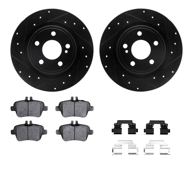 8612-63072 Drilled/Slotted Brake Rotors w/5000 Euro Ceramic Brake Pads Kit & Hardware [Black], 2014-2020 Multiple Makes/Models, 