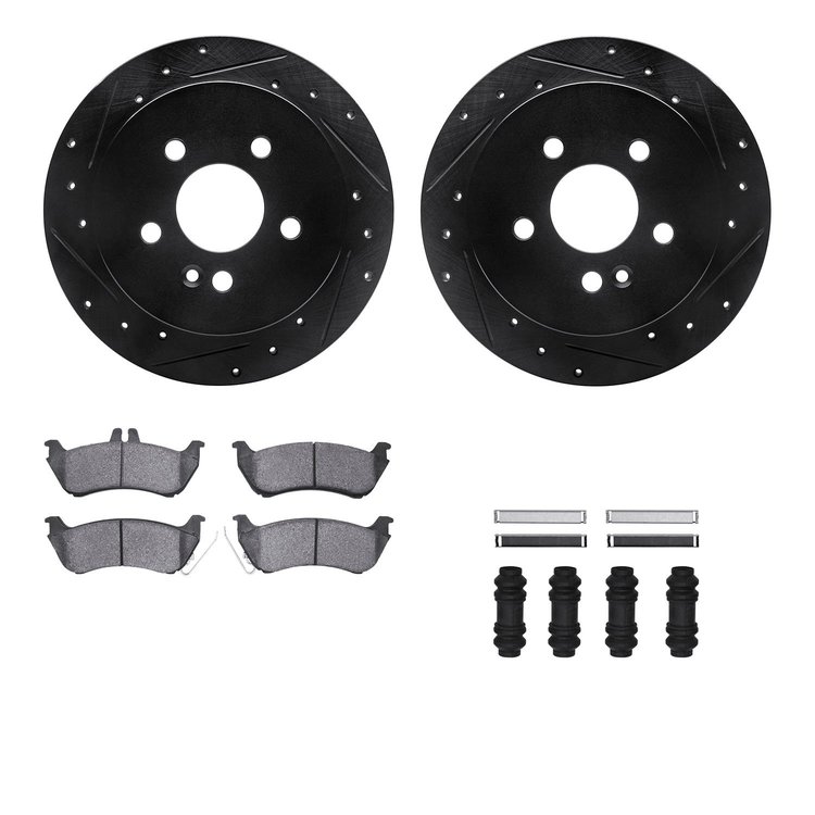 8612-63078 Drilled/Slotted Brake Rotors w/5000 Euro Ceramic Brake Pads Kit & Hardware [Black], 1998-2005 Mercedes-Benz, Position