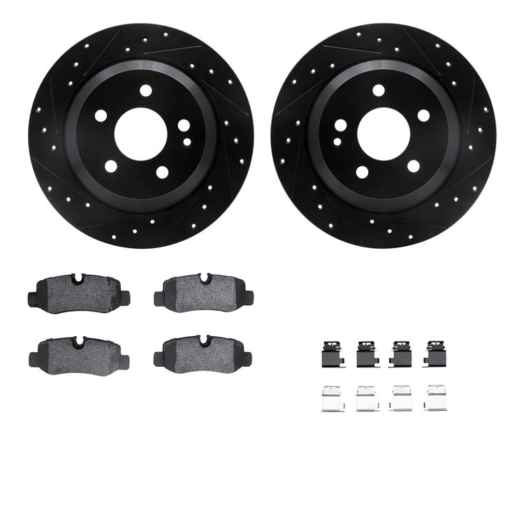 8612-63091 Drilled/Slotted Brake Rotors w/5000 Euro Ceramic Brake Pads Kit & Hardware [Black], Fits Select Mercedes-Benz, Positi